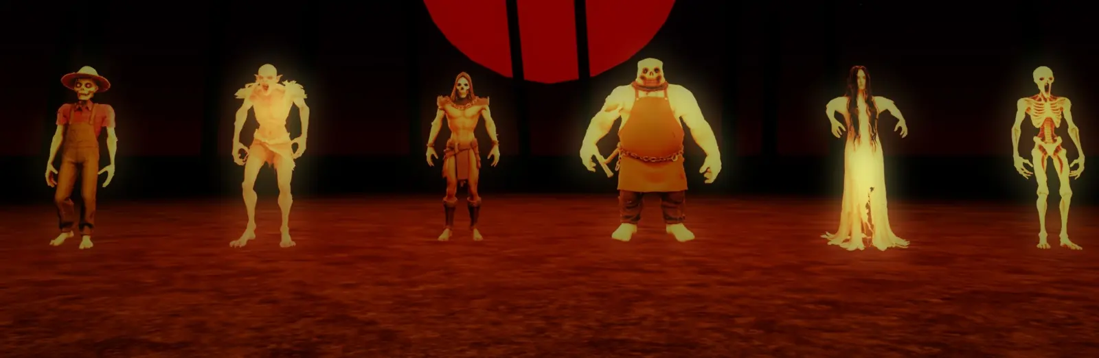 A lineup of the game's monsters glowing in front of a red moon
