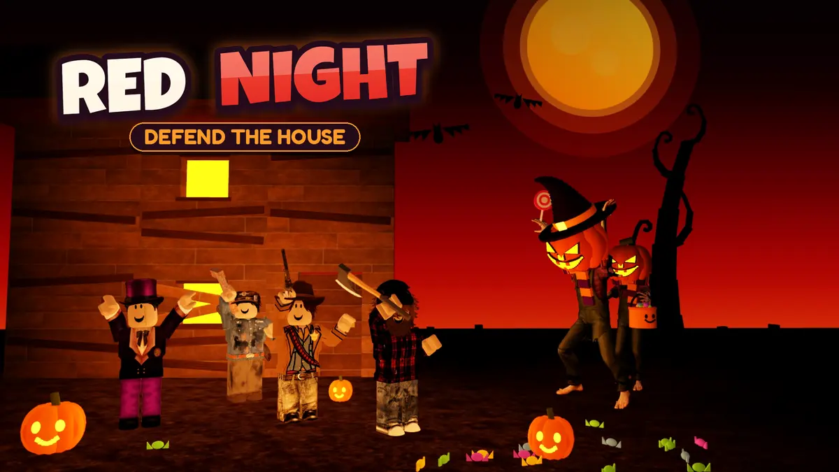 Players cheering in front of their boarded-up house as pumpkin-headed monsters approach