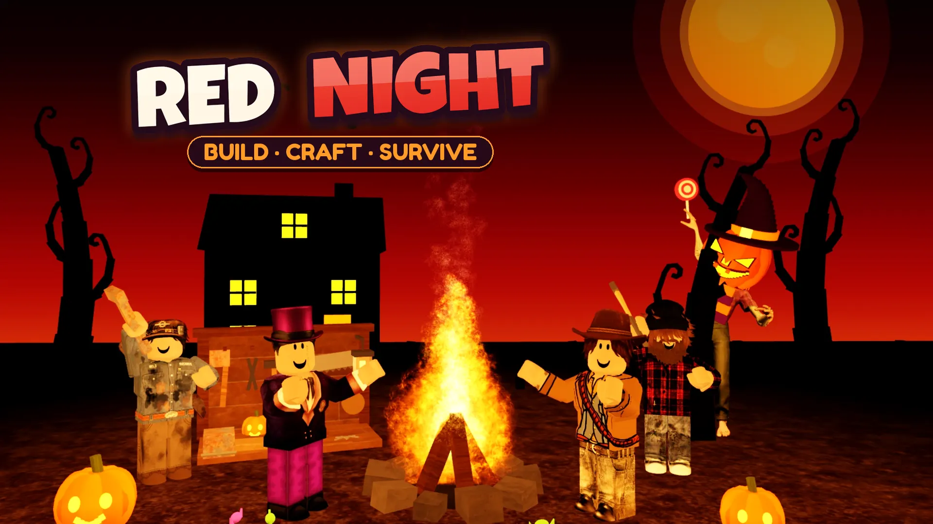 Friends standing around a big campfire under a giant orange moon
